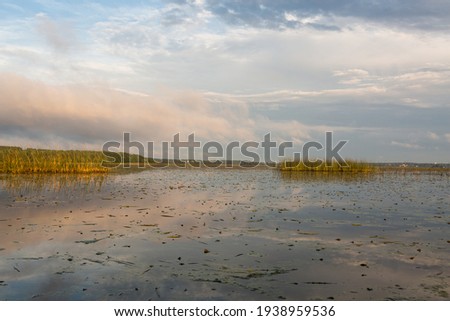 Cloudscape in summer at sunset on the lake and field