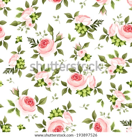 Seamless pattern with pink roses and green leaves. Vector illustration.