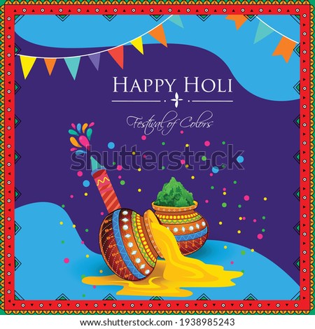 Happy Holi indian hindu festival of colors greeting orange background with colorful green, blue, red powder , banner, poster, creative, flyer