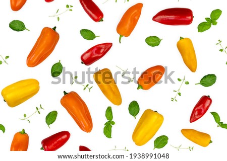 Color peppers with basil and oregano isolated on white background. Food seamless pattern. High quality photo