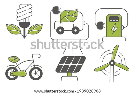 Vector linear icons on the theme of ecology. Stylized illustration of an energy-saving lamp, an electric car, a windmill, a bicycle, an electric pump for refueling a car, and a solar accumulator.