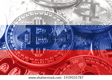 Russia bitcoin flag, national flag cryptocurrency concept black background
