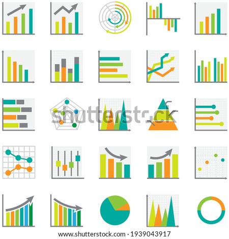 Set of business graph icon, Colors object statistics finance presentation, Flat success symbol vector. 640x640 pixels.