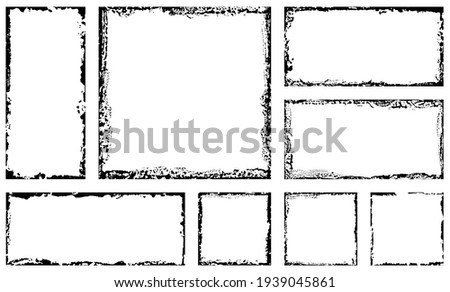Set of grunge square frames. Empty border background. Hand draws black and white ink. Distress damaged edge vintage template. Brush stroke vector.