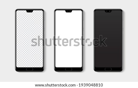 Realistic smartphone mockup set. Mobile phone blank, white, transparent screen design mock up. Isolated vector illustration