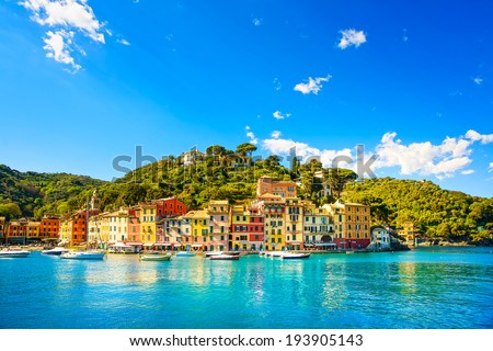 Portofino luxury landmark panorama. Village and yacht in little bay harbor. Liguria, Italy Royalty-Free Stock Photo #193905143