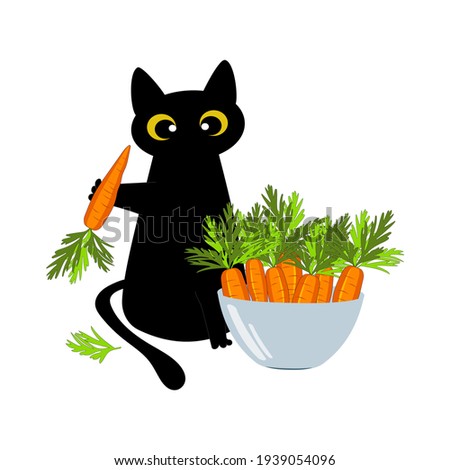 Carrots in a plate and a cute black cat on a white background. The kitten is eating a carrot. Kawaii animal and vegetables for printing kitchen textiles, clothes. Vector graphics.