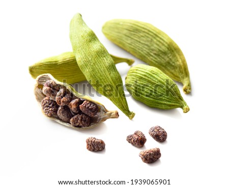 Cardamom pods and seeds isolated on white background Royalty-Free Stock Photo #1939065901