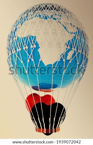 Hot Air Balloon of Earth with heart.  Global wedding concept. 3d render. On toned background