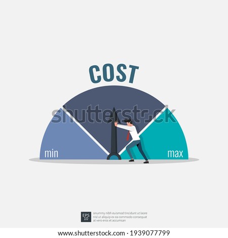Businessman trying to push cost to minimum position illustration. Cost reduction strategy concept. Royalty-Free Stock Photo #1939077799