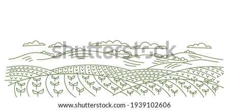 Agricultural field landscape. Seedlings of cereals. Rural countryside. Vector hand-drawn. Contour sketch line drawing. Royalty-Free Stock Photo #1939102606