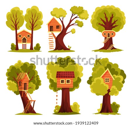 Set of tree house. Children playground with swing and ladder. Flat style  illustration. Tree house for playing and parties. House on tree for kids. Wooden town, rope park between green foliage