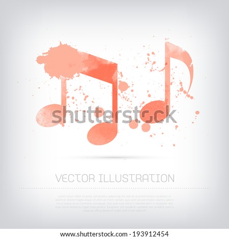 Vector grungy textured hand painted watercolor red musical notes icon with paint stains and blots. 