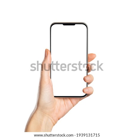 Woman hand holding smartphone with white screen isolated on white background. Close up of hands of young woman holding cellphone with empty screen. Hand showing phone with blank space for your own app