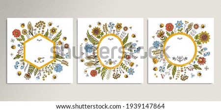 Floral cards set for your text design. Honey bee backgrounds, cute greeting invitations template. Vector illustration