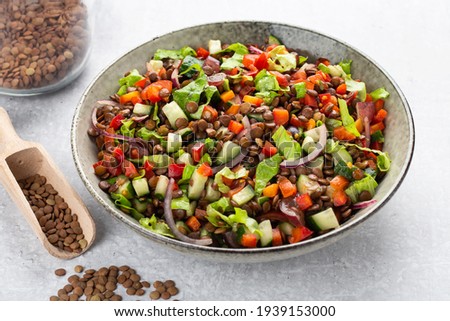 salad with lentils and vegetables in a deep plate on a gray background, vegetarian food Royalty-Free Stock Photo #1939153000