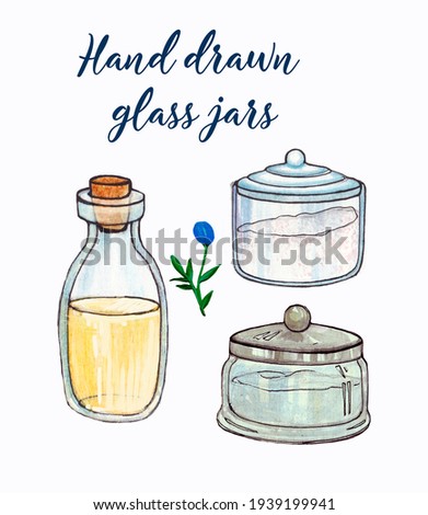 Watercolor glass objects containers set, bathroom jars, hand drawn clip art