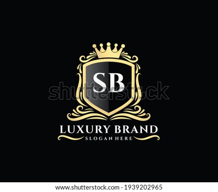 SB Initial Letter, Gold text with feminine floral hand drawn heraldic monogram, Antique vintage style luxury logo design.