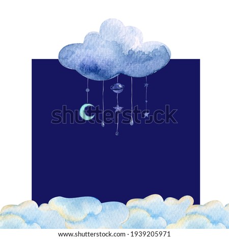 cloud frame with moon and raindrops, stars watercolor illustration clip art, design, decor