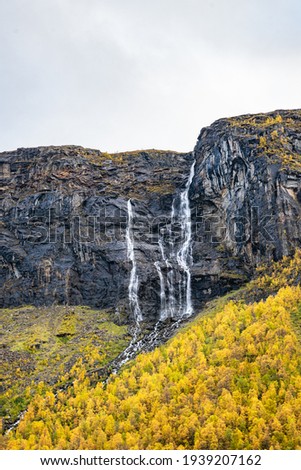 Waterfall with yellow trees on the side in Norway