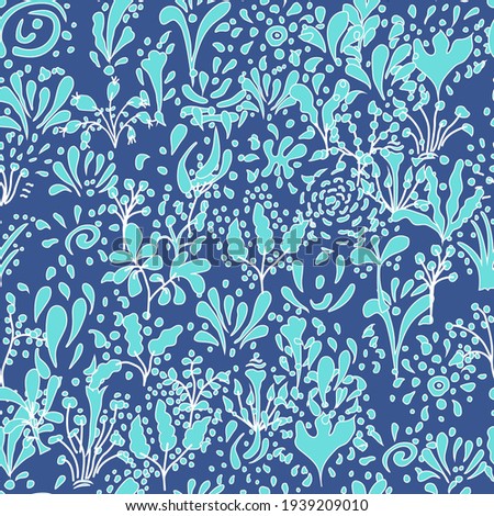 Floral seamless pattern of doodle leaves and twigs on blue. Vector illustration of repeat botanical background. Surface design.