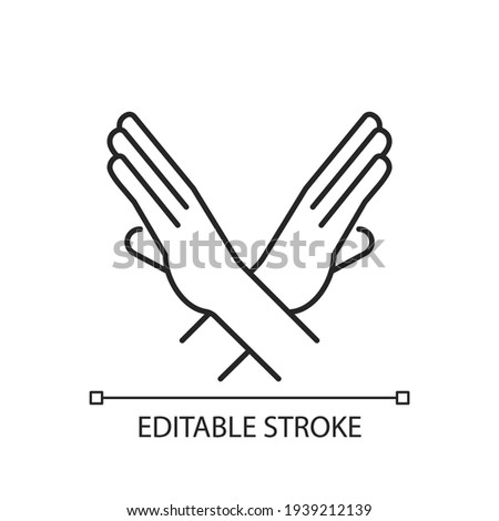 Crossed arms, stop gesture linear icon. Request to stop action. Prohibition of action. Thin line customizable illustration. Contour symbol. Vector isolated outline drawing. Editable stroke