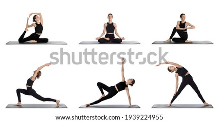 Young woman practicing yoga on white background, collage. Banner design  Royalty-Free Stock Photo #1939224955
