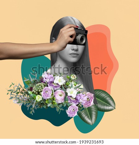 Beautiful young girl dreaming isolated on geometric and floral background. Royalty-Free Stock Photo #1939231693