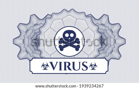 Blue passport money rosette. Vector Illustration. Detailed with crossbones icon and Virus text inside