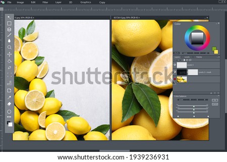Professional photo editor application. Image of lemons 