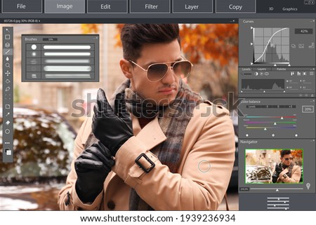 Professional photo editor application. Image of handsome stylish man