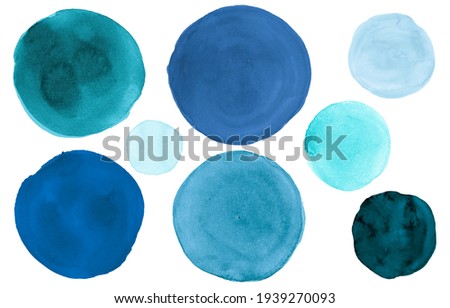 Blue Watercolor Circle. Graphic Acrylic Blots on Paper. Fresh Art Rounds Elements. Hand Paint Watercolor Circle. Indigo Isolated Drops Splatter. Pastel Dots. Teal Watercolor Circle. Royalty-Free Stock Photo #1939270093