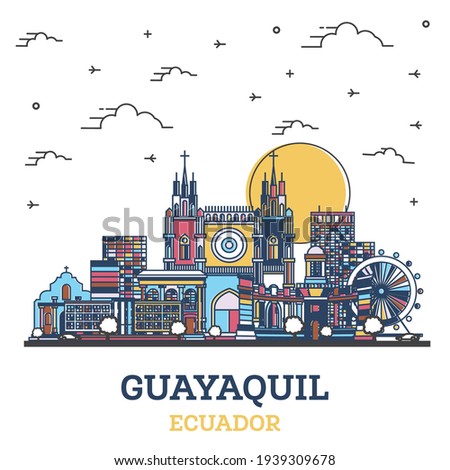 Outline Guayaquil Ecuador City Skyline with Colored Historic Buildings Isolated on White. Vector Illustration. Guayaquil Cityscape with Landmarks.