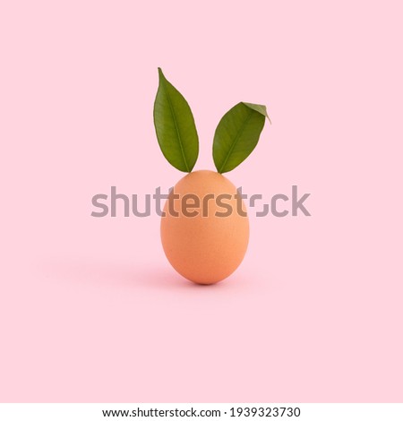 Creative Easter concept with egg and fresh green leaves on top on pastel pink background