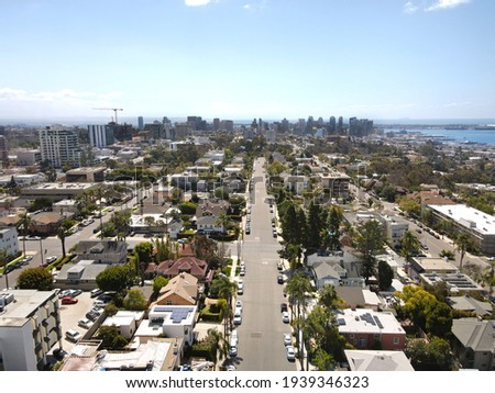 Aerial view above Hillcrest neighborhood with downtown San Diego on the background, California. USA