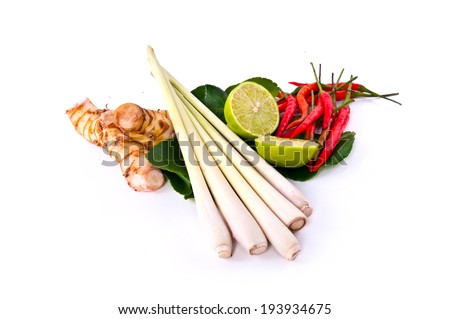 Ingredients For Cooking 'Tom Yum' Dish Chili Hot Spicy Soup Thai Popular Famous Food isolated on white background.
