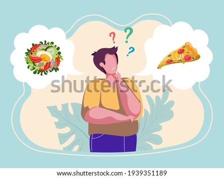 Man choosing menu. Male character making choice what to eat. Healthy vs unhealthy. Junk food versus balanced food. Nutrition. Colourful vector illustration. Flat cartoon style.