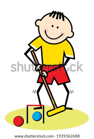 croquet, boy with mallet and balls, funny vector illustration