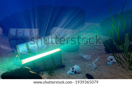 The old treasure chest sunk under the sea. The light shone out of the treasure chest. Under the sea atmosphere, there are rocks, sand, and treasure chest buried. 3D Rendering