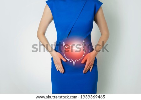 Photo template of unrecognizable woman representing graphic visualisation of bladder organ highlighted red. Detox and digestive system health concept. Photo linear handrawn illustration. Royalty-Free Stock Photo #1939369465