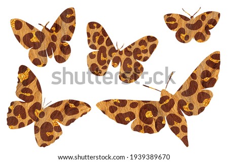 Butterflies and moths with leopard skin print. Clip art on white background
