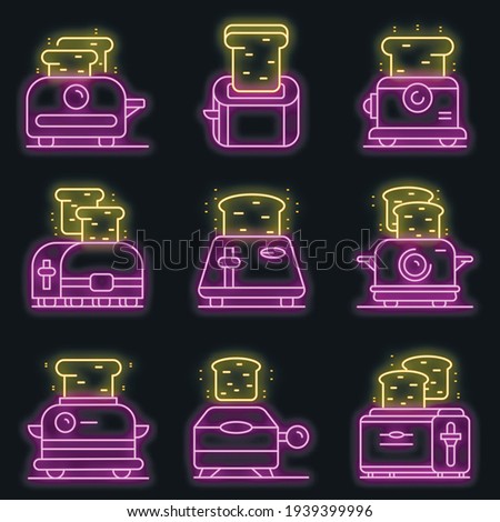 Toaster icons set. Outline set of toaster vector icons neon color on black