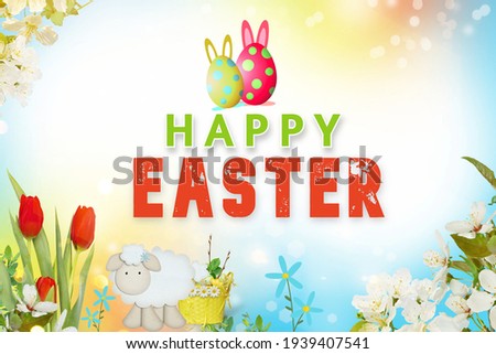 Happy easter card with tulip flowers und eggs