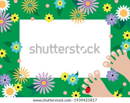 Vector graphics-a rectangular frame with bare feet, a red ladybug and colorful beautiful flowers on a bright green background and a white space to copy. Concept - summer is coming soon