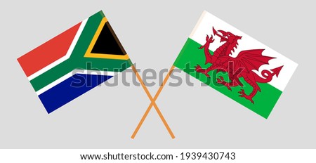 Crossed flags of Republic of South Africa and Wales. Official colors. Correct proportion