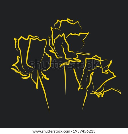 Linear image of a bouquet of yellow roses on a dark background. A sketching drawing of delicate garden flowers.