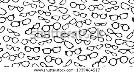 Glasses classic shape stylish black silhouette seamless pattern. Rim glasses, spectacle frame and eyewear. Fashion woman or man glasses, hipster optical texture. Isolated wallpaper vector illustration