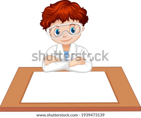 A boy wearing scientist gown with empty paper on the table illustration