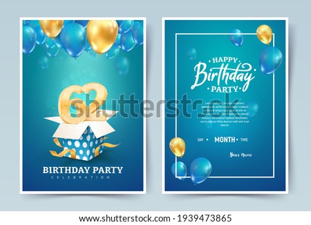 62nd years birthday vector invitation double card. Sixty two years wedding anniversary celebration brochure. Template of invitational for print on blue background Royalty-Free Stock Photo #1939473865
