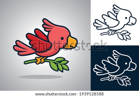 Cute bird flying while carrying leaf in it feet. Vector cartoon illustration in flat icon style